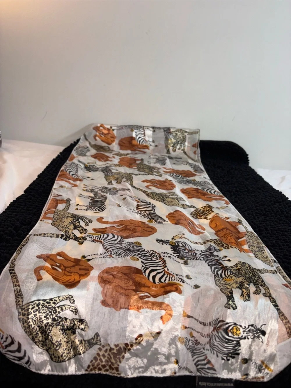 Into Africa Zebra Print Satin Scarf - White, Black, Gold, Brown. 1081